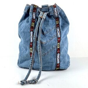 SHANE Denim Drawstring Backpack Bag Boho Festival Geometric Trim